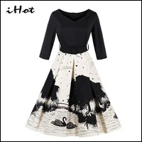 IHOT-1950-s-swing-dress-Chinese-Style-3-4-Sleeve-V-Neck-Vintage-Swan-Print-Black