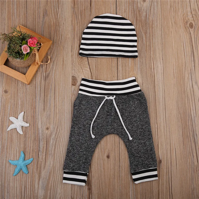 Комплект из 2 предметов, малыш новорожденный младенец, одежда для маленьких мальчиков и девочек хлопковые полосатые штаны+ шапки, комплект из 2 предметов, модная одежда для мальчиков