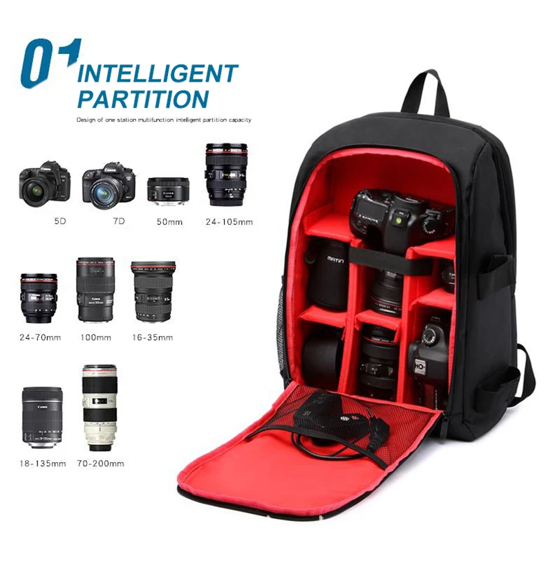 Waterproof Functional DSLR Backpack Camera Video Bag w/ Rain Cover SLR Tripod Case PE Padded for Photographer Canon Nikon