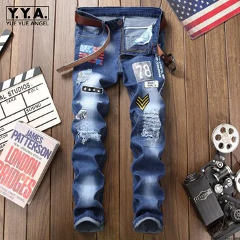 

Summer Elastic Frayed Mens Slim Fit Jeans Pants Skinny Straight Punk Style Print Patches Casual Big Size Mens Denim Trousers