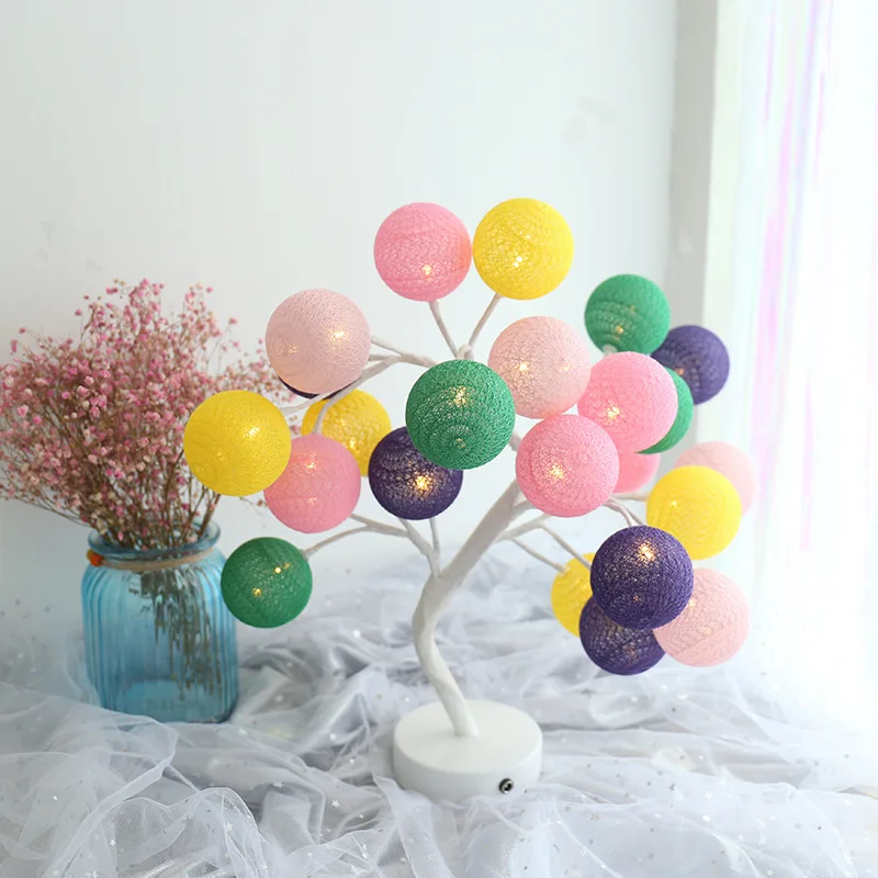 

New Nordic Style Manual Cotton Thread Colorful Table Lamps Branch Rose Modeling USB Charging Battery Home Room Decoration Lamp