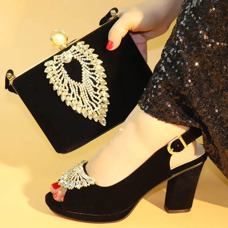 

Latest Women Shoes and Bag Set In Italy Nigerian Women Wedding Shoes and Bag Set Decorated Black Womens Shoes Heel