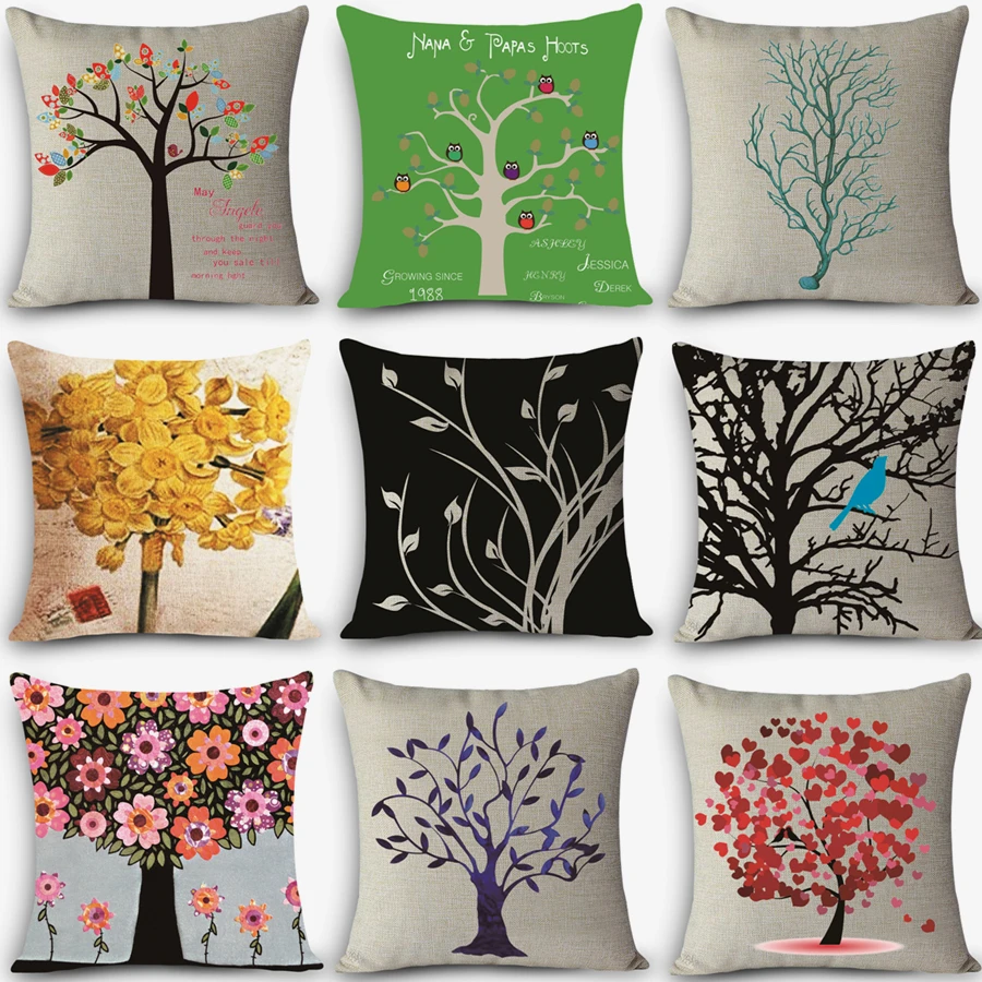

High quality home decorative throw pillow customized HD tree Print Home Decorative Cushion Vintage Cotton Linen Square MYJ-G2