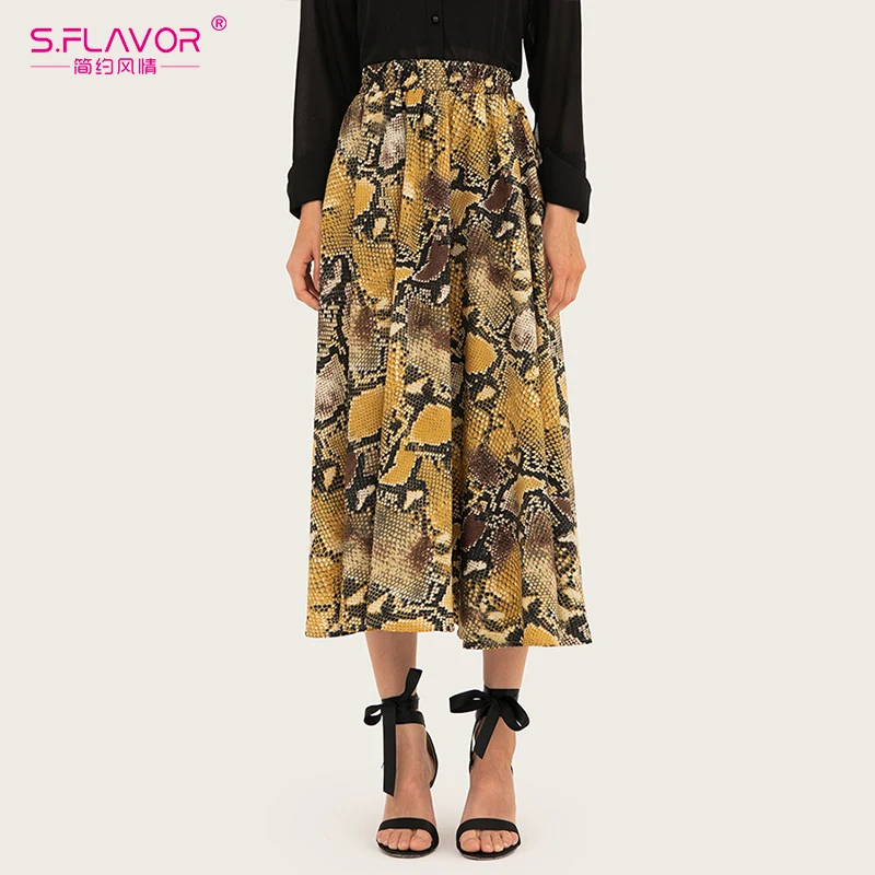 

S.FLAVOR 2019 Autumn Winter Retro Snake Pattern Mid Skirt Bohemian Beach Swing Long Skirt Waist Ladies Wild Casual Skirt