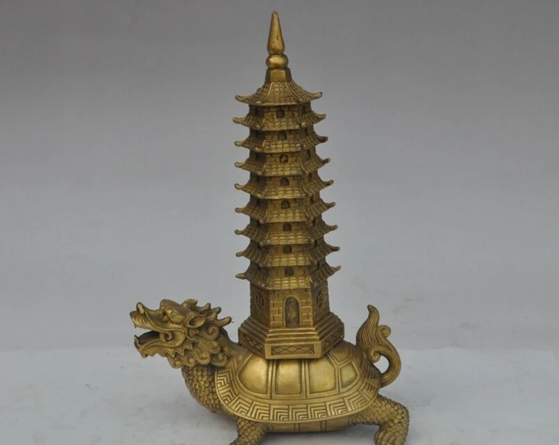 

11" China Fengshui Brass Dragon Turtle tortoise Carry Stupa Pagoda Tower Statue