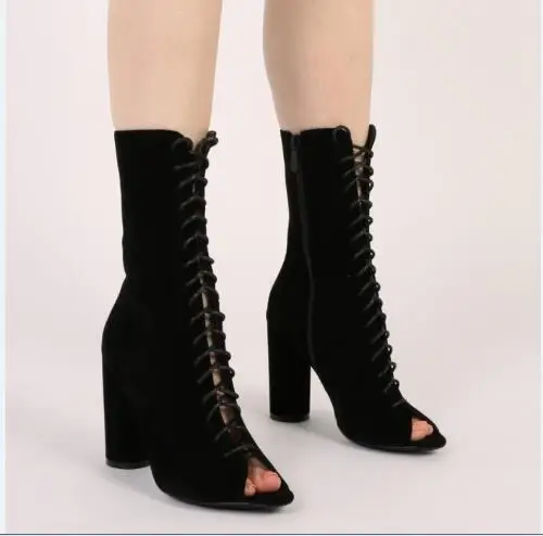 Zapatos mujer boots cross-tied peep toe high chunky heels mid-calf women boots cutouts Spring Autumn boots suede boots black