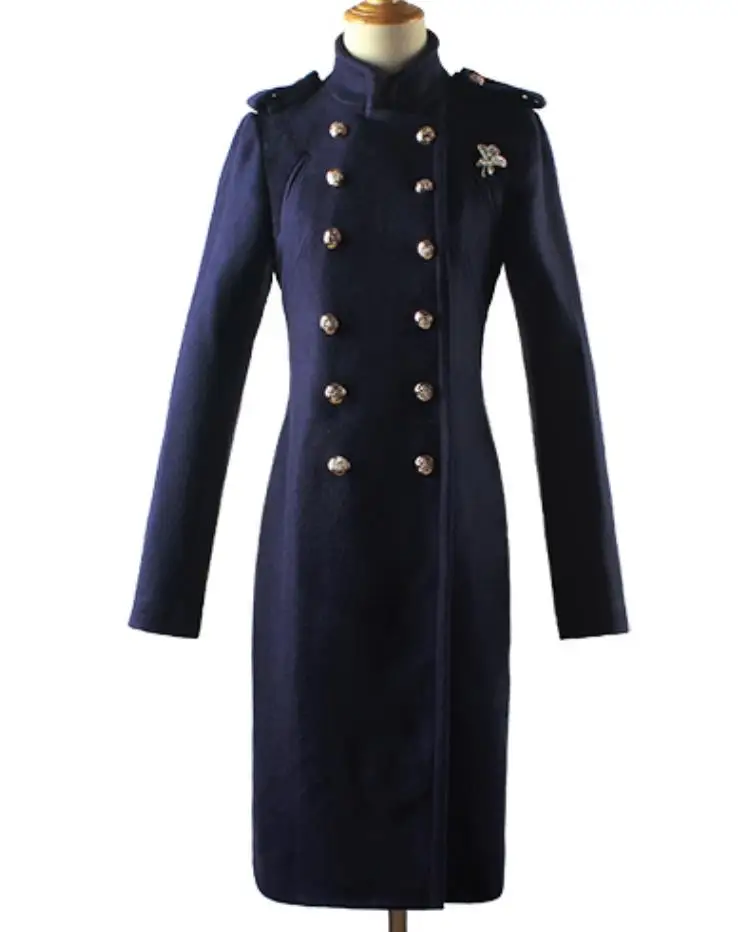 Новое осенне-зимнее женское двубортное шерстяное пальто в стиле милитари с воротником-стойкой