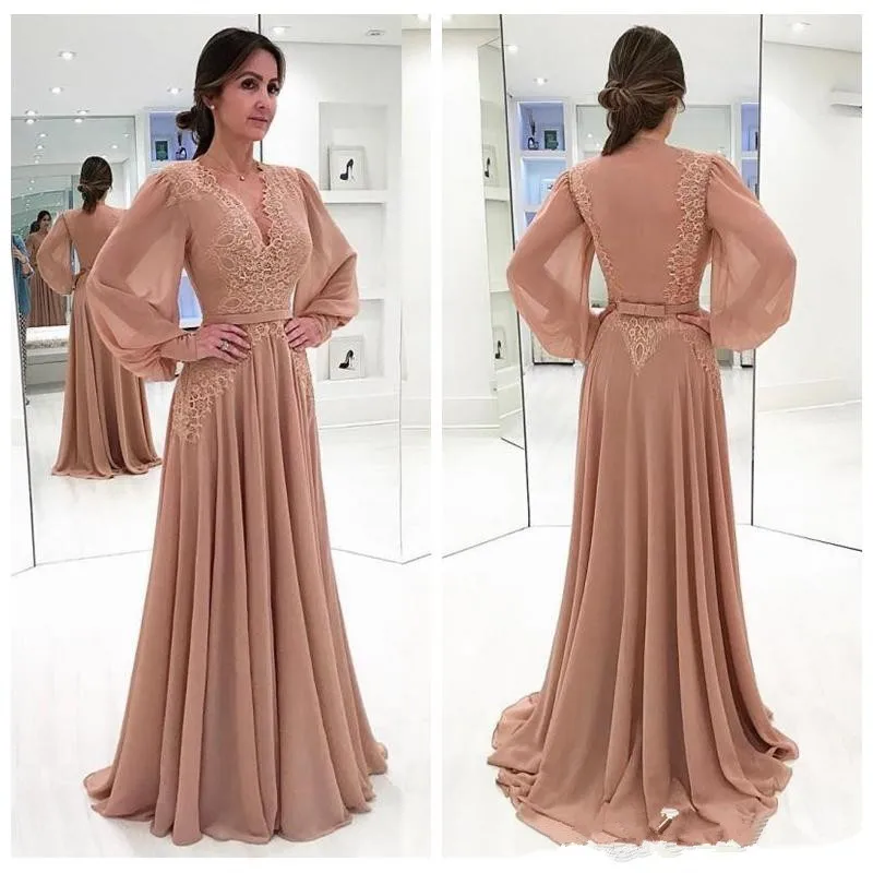 

Elegant Lace Appliques Prom Dresses 2019 Sexy Deep V Neck Long Sleeves Chiffon Dubai Formal Evening Party Gown Vestidos Festa