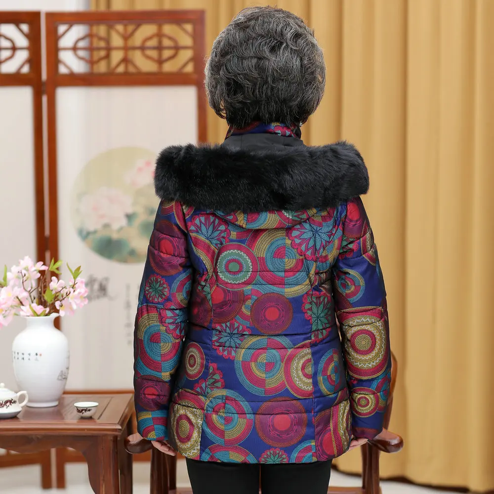 Elderly Women Puffer Jackets Withe Fur Hood Parka Grandmother Winter Warm Quilted Basic Coats Floral Printing Quilted Puff Coat