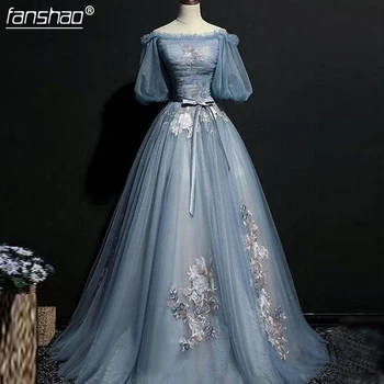 

Grace Muslim Evening Dresses With Puffy Half Sleeves A-line Evening Gowns Slash Neck Off Shoulder Dubai Gowns