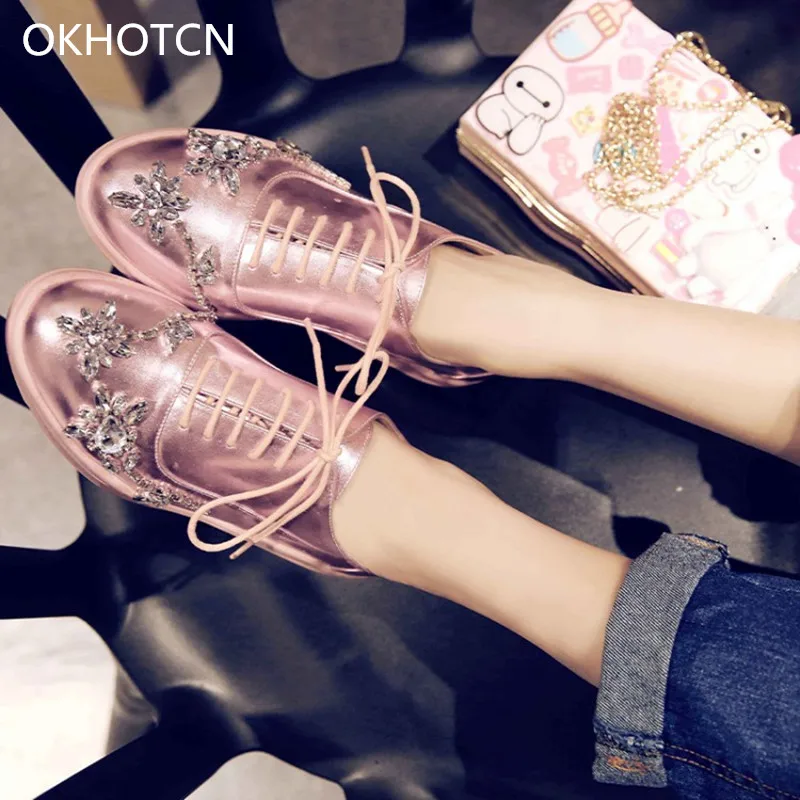 

Pink Shiny Upper Women Casual Shoes Round Toe lace Up Footwear Crystal Flower No-slip Thick-soled Platform Shoes Students Girl