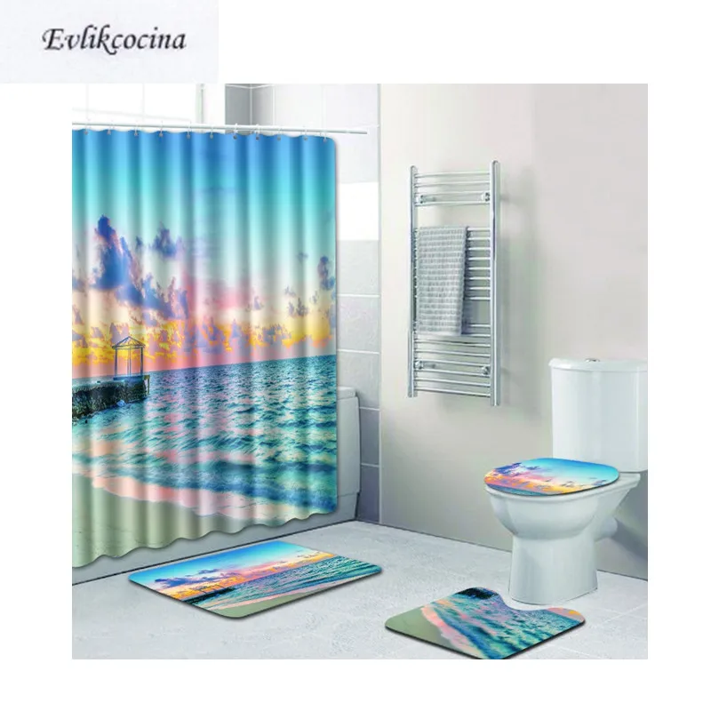

Free Shipping 4pcs Nightfall Beach Banyo Bathroom Carpet Toilet Bath Mats Set Non Slip Pad Tapis Salle De Bain Alfombra Bano