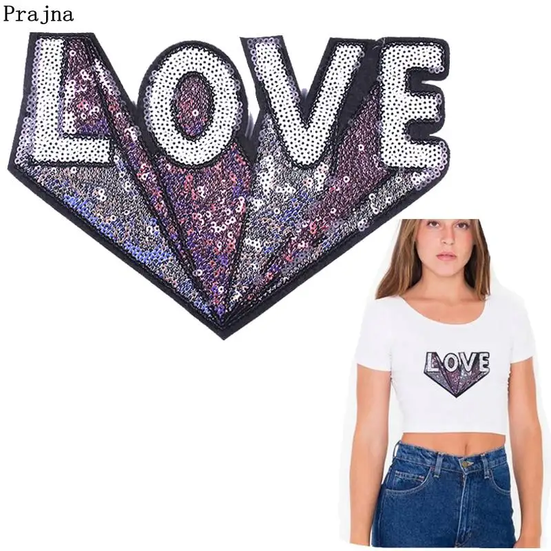 

Prajna LOVE Letter Sequined Patches Colorful Heart Sewing On Patches For Clothing Applique DIY T-shirt With Sequins Decoration