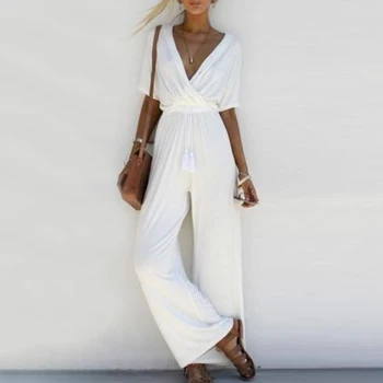 

Women V Neck Jumpsuit Loose Short Sleeves Casual Rompers for Summer Pocket Overalls Wide Leg Long Pants Solid Office Clothes