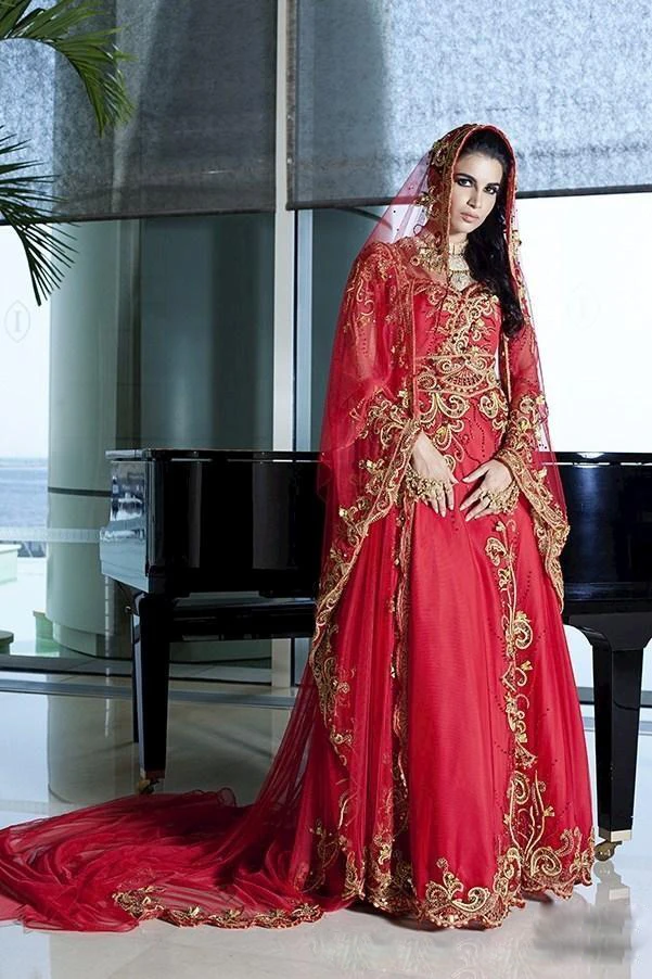 Luxury Red and Gold Arabic Wedding Dresses Long Sleeve Dubai Abaya