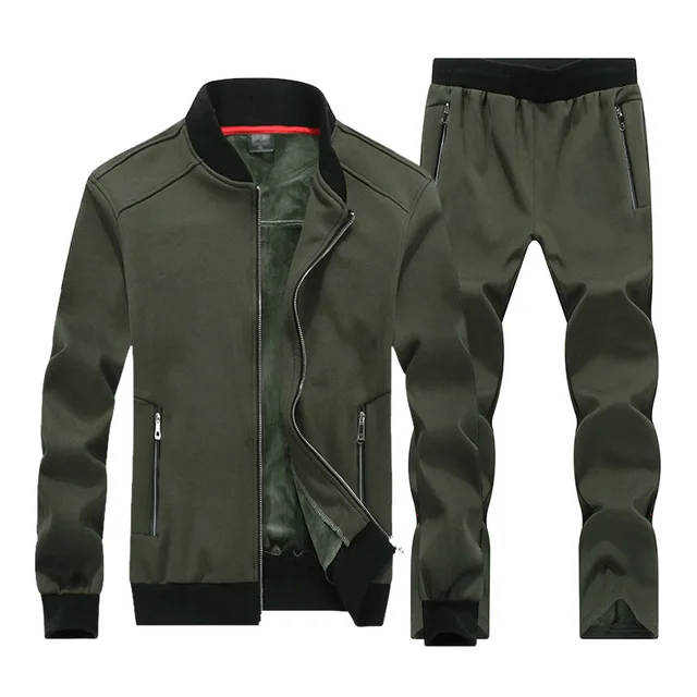 Большой размер 8XL, новинка, Осень-зима, мужской спортивный костюм, куртка+ штаны, спортивный костюм, комплект из двух предметов, спортивный костюм, спортивная одежда, плотная одежда - Цвет: Army green