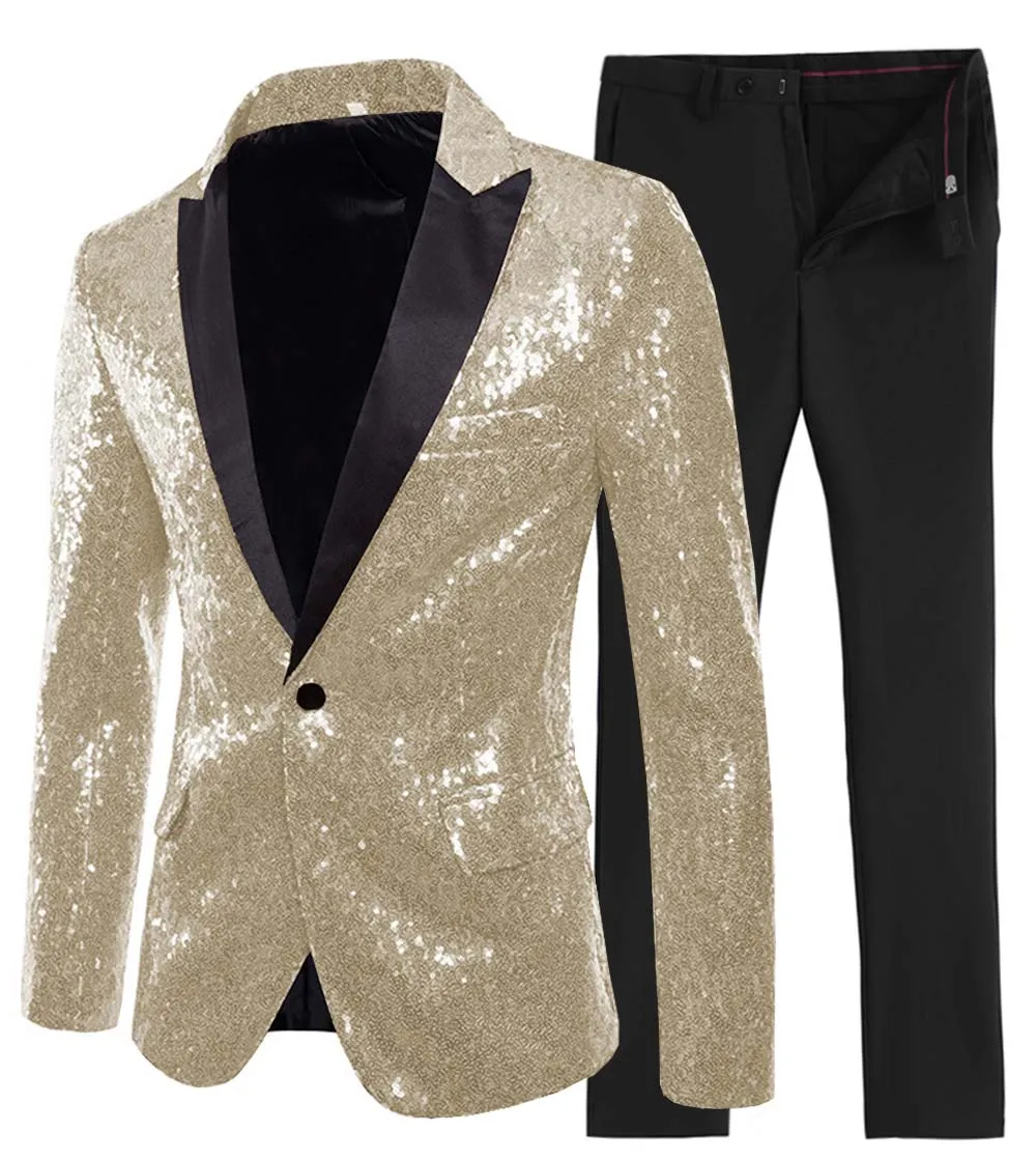 Мужской костюм из 2 предметов, блестящий мужской костюм с блестками, приталенный, на одной пуговице, на пике, смокинг с отворотом для свадебной вечеринки(Блейзер+ брюки - Цвет: champagne