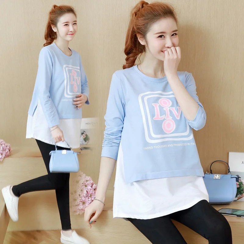 Pregnant Women Spring and Autumn Stitching Cotton Long-sleeved Long T-shirt Letters Printed Casual Maternity Dress