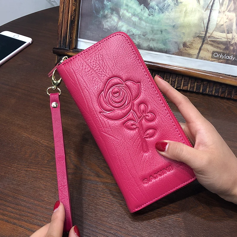 

KVKY wallet women leather genuine Long Zipper large capacity 5 Color Black Red Flower Printing Purse Wristlet Wallets Female
