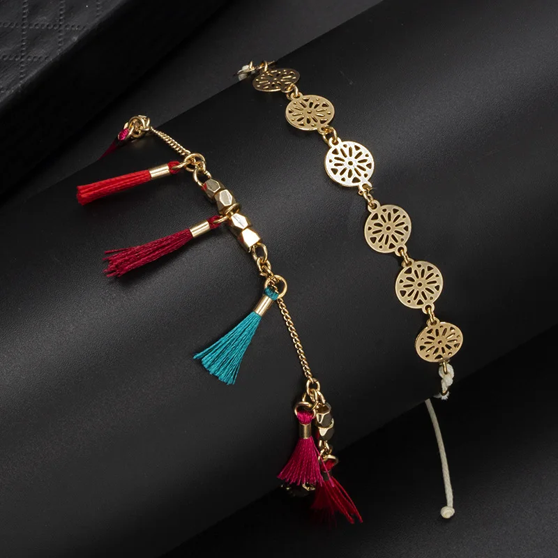 

Doreen Box Bohemian Multicolor Tassel Ankelets For Women Gold Metal Round Beach Barefoot Sandals On Leg Fashion Foot Jewelry