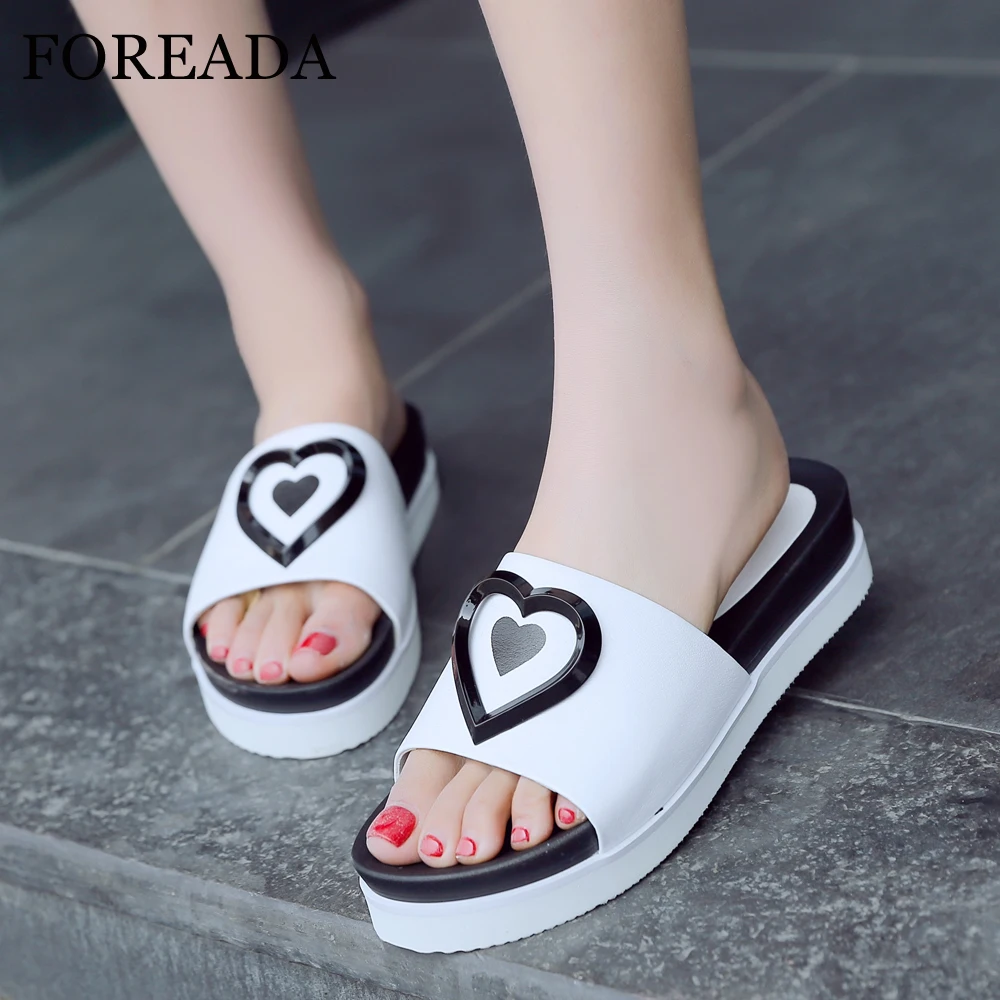 

FOREADA Summer Slides Women Shoes Natural Cow Leather Flat Shoes Genuine Leather Open Toe Slippers Female Sandals Creepers 33-40