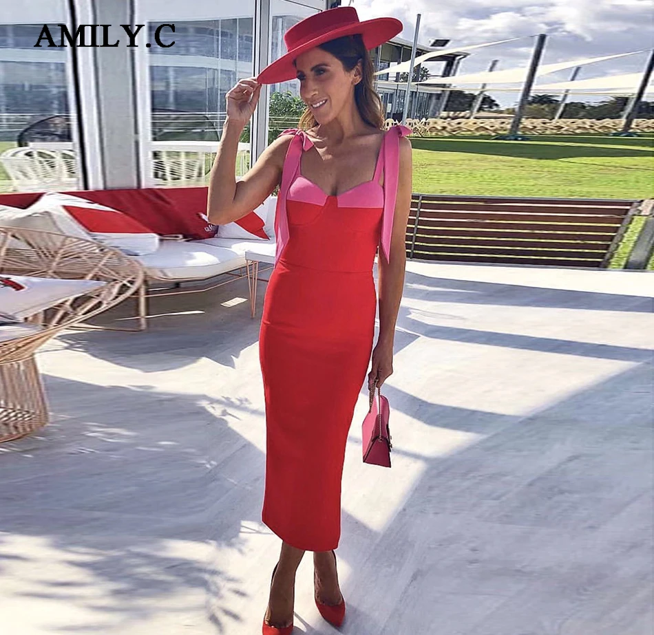 

Amily.c Fashion new 2019 rayon bandage dress spaghetti stitching Bodycon dress elegant celebrity runway party