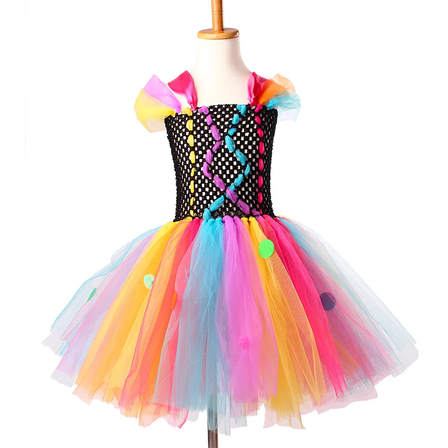 Girls Rainbow Fancy Halloween Tutu Dress Princess Handmade Multi Coloured Tulle Clothing Children Cosplay Clown Pageant Costume (12)