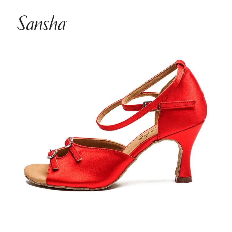 Sansha Red Latin Ballroom Dance Shoes Women's Salsa Tango Latin Satin Upper Dancing Shoes Buckle Decoration BR31033S
