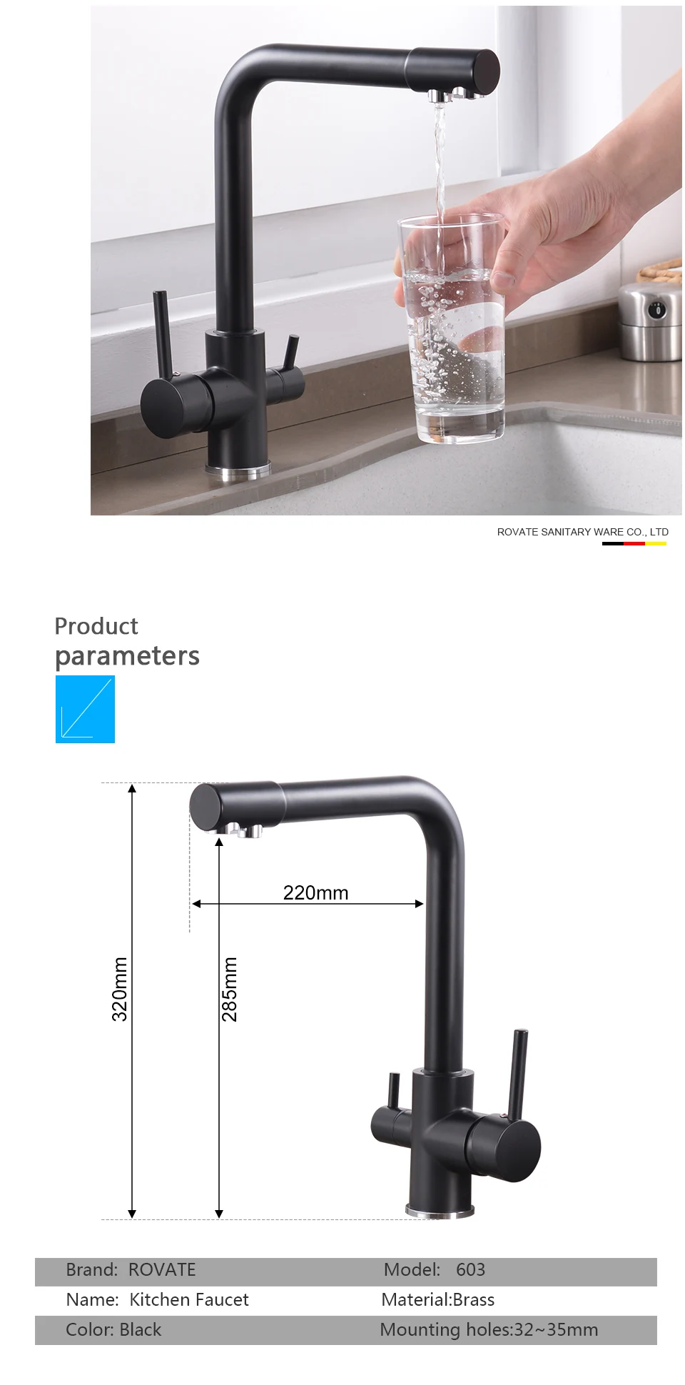 ROVATE Water Filter Kitchen Faucet Brass Black Modern Kitchen Drinking Water Faucet, Sink 3 in 1 Water Purifier Sink Faucet