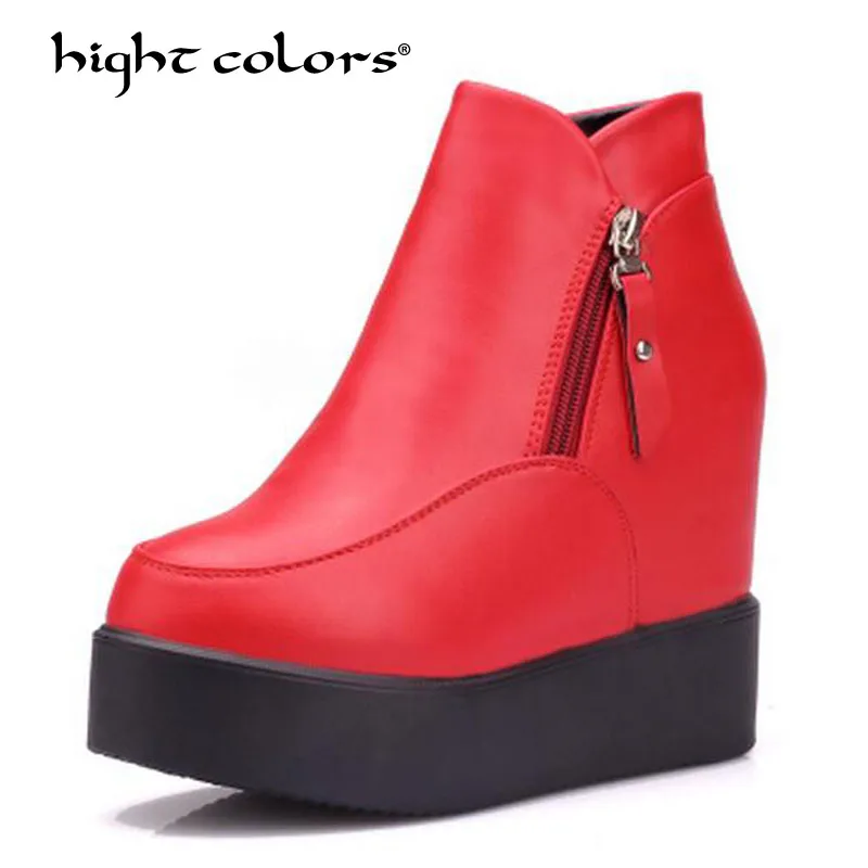 

33~41 Winter Women Boots suede Leather Wedges Platform Boots Hidden Heel Shoes Red Black High Top Casual Shoes For Woman H506