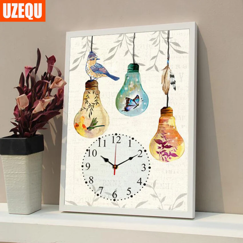 

UzeQu 5D DIY Diamond Painting Cross Stitch Bird Lamp Bulb Wall Clock Diamond Embroidery Full Round Watch Diamond Mosaic Crafts