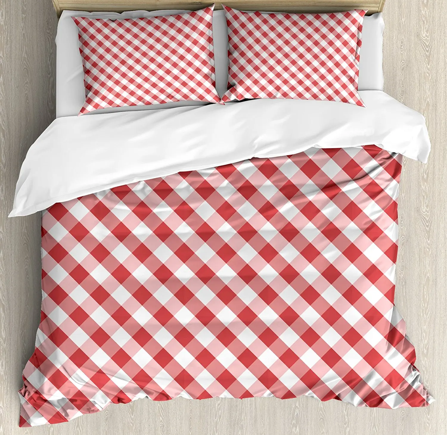 

Checkered Duvet Cover Set Crosswise Stripes with Little Red Squares Retro Abstract Pattern Bedding Set