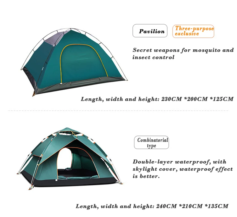 Палатка Пляжная для 3-4 человек, двухслойная Автоматическая палатка для путешествий, для кемпинга, парка, кемпинга, непромокаемая, солнцезащитная, с москитной сеткой