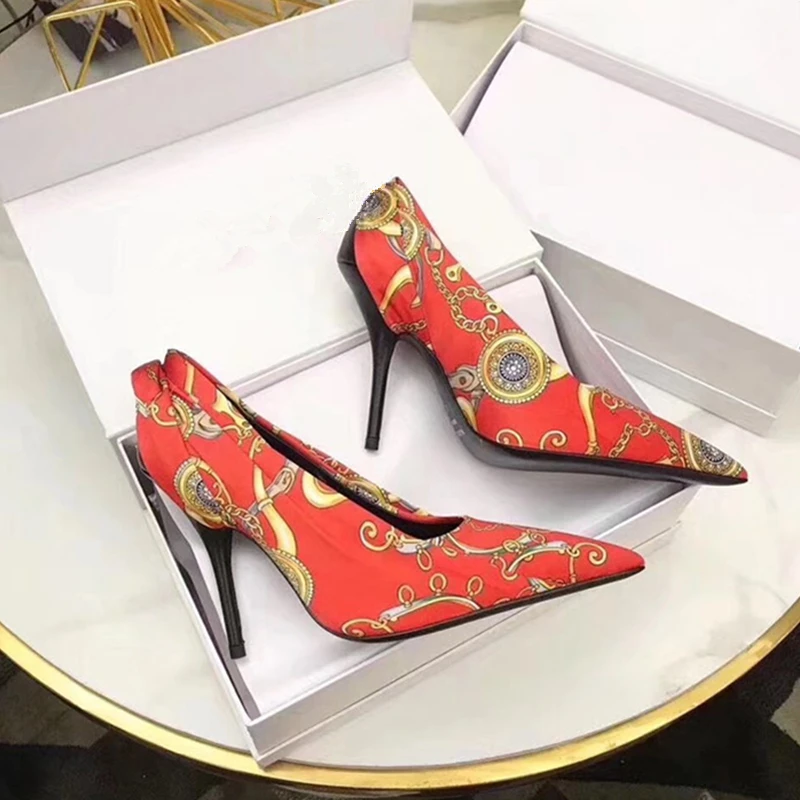 

Hanbaidi Sexy printed Floral High Heels Pointed Toe colorful studded Pumps kid suede bridal wedding Gldiator Shoes zapatos mujer
