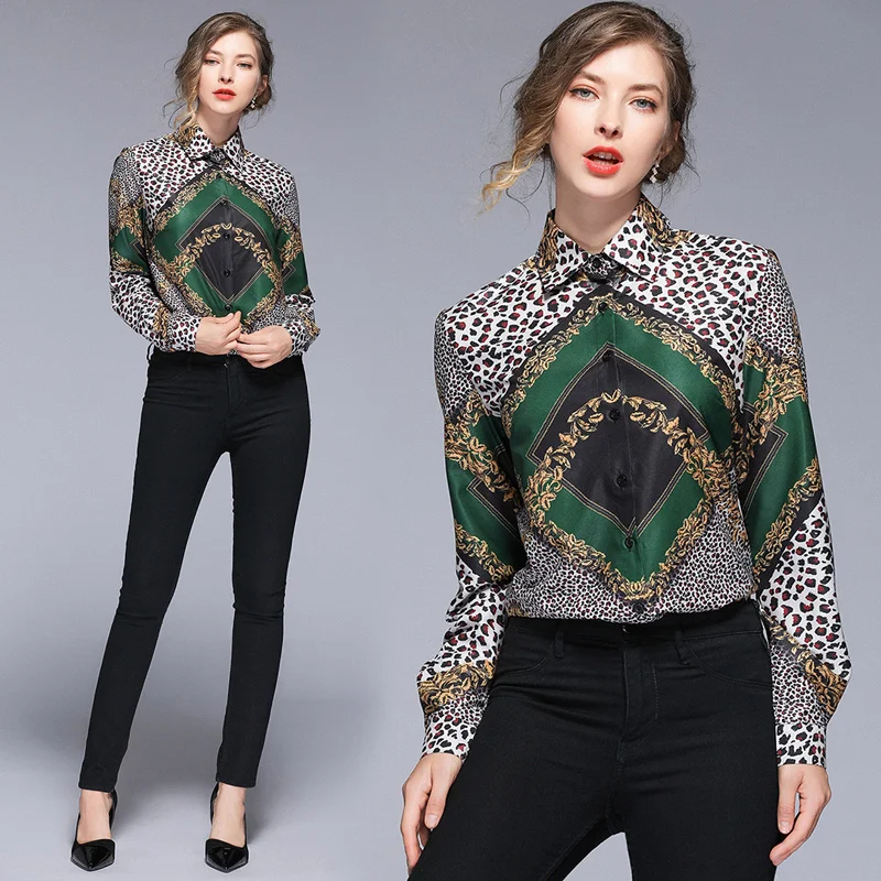 

2019 new fashion slim long sleeved shirt Woman breathable fabric Luxury high quality design leopard print pattern female tops