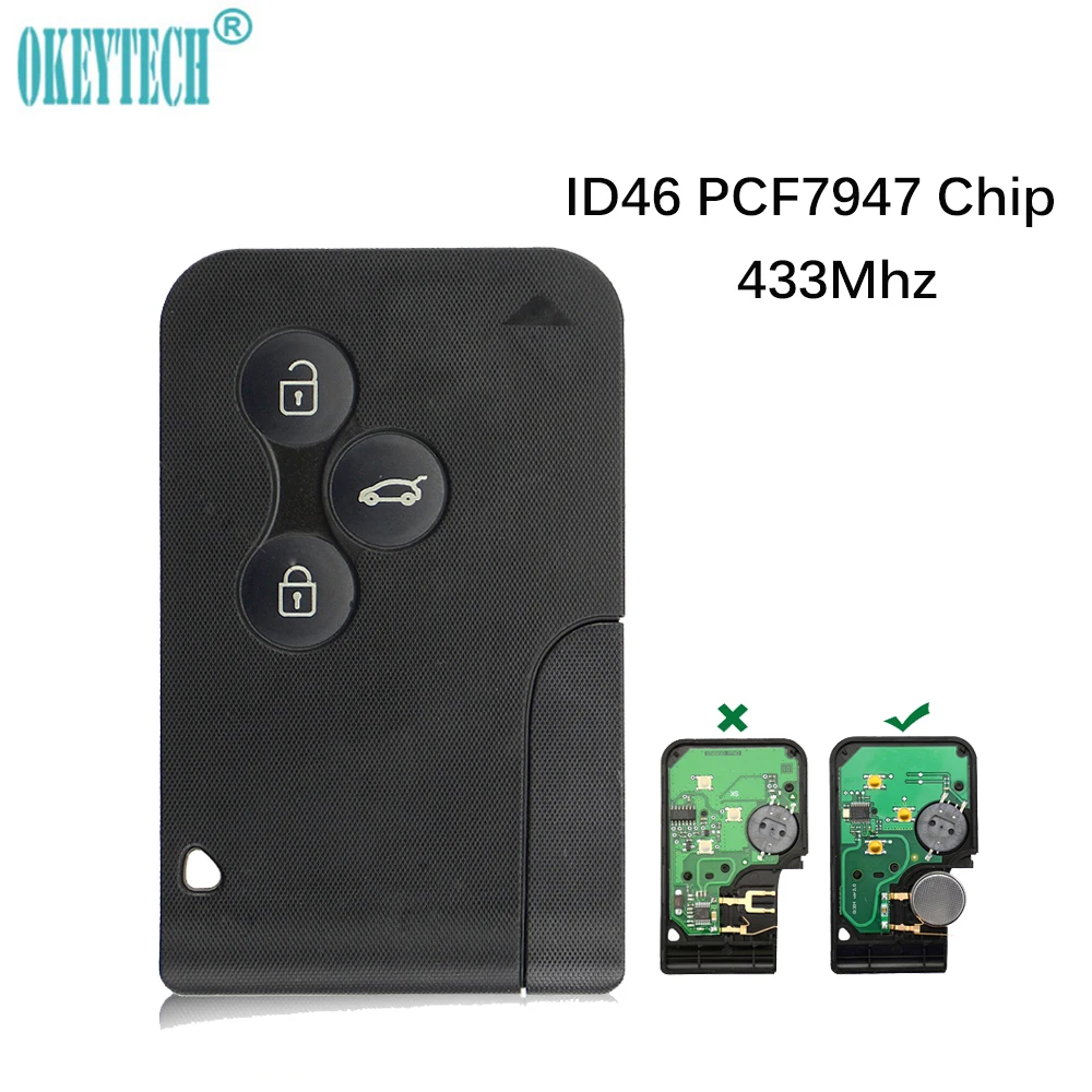 OkeyTech 433 МГц ID46 PCF7947 чип 3 белый Buttton с аварийным ключом для Renault Megane Scenic смарт-карта пульт дистанционного управления автомобильный ключ