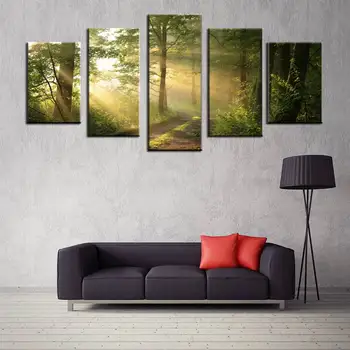 

Modern Canvas Painting Wall Art Picture Dirt Road Deciduous Forest Green Tree Foggy Spring Landscape Print Artwork Wall Decor