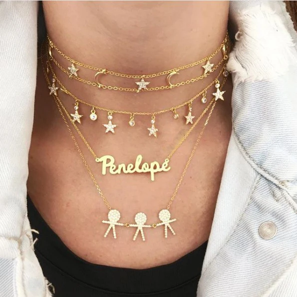 

Fashion Moon Star charm Choker Necklace Gold Color double Chain Collar Necklace For Women Party wedding Jewelry Charm Bijoux