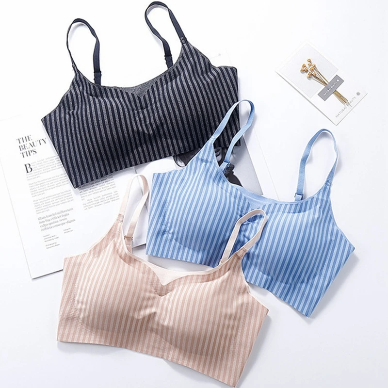 

Women's Bra Ultra thin ice thread Underwear Full Bra Cup Stripe Naked Bra Student Girl Healthy vest