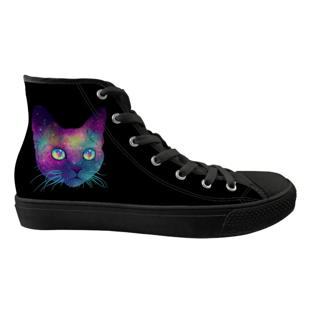 Customized Cute 3D Galaxy Cat Printing Flat Breathable Black Flats Women Canvas Shoes Fashion High Top Casual Women's Sneakers