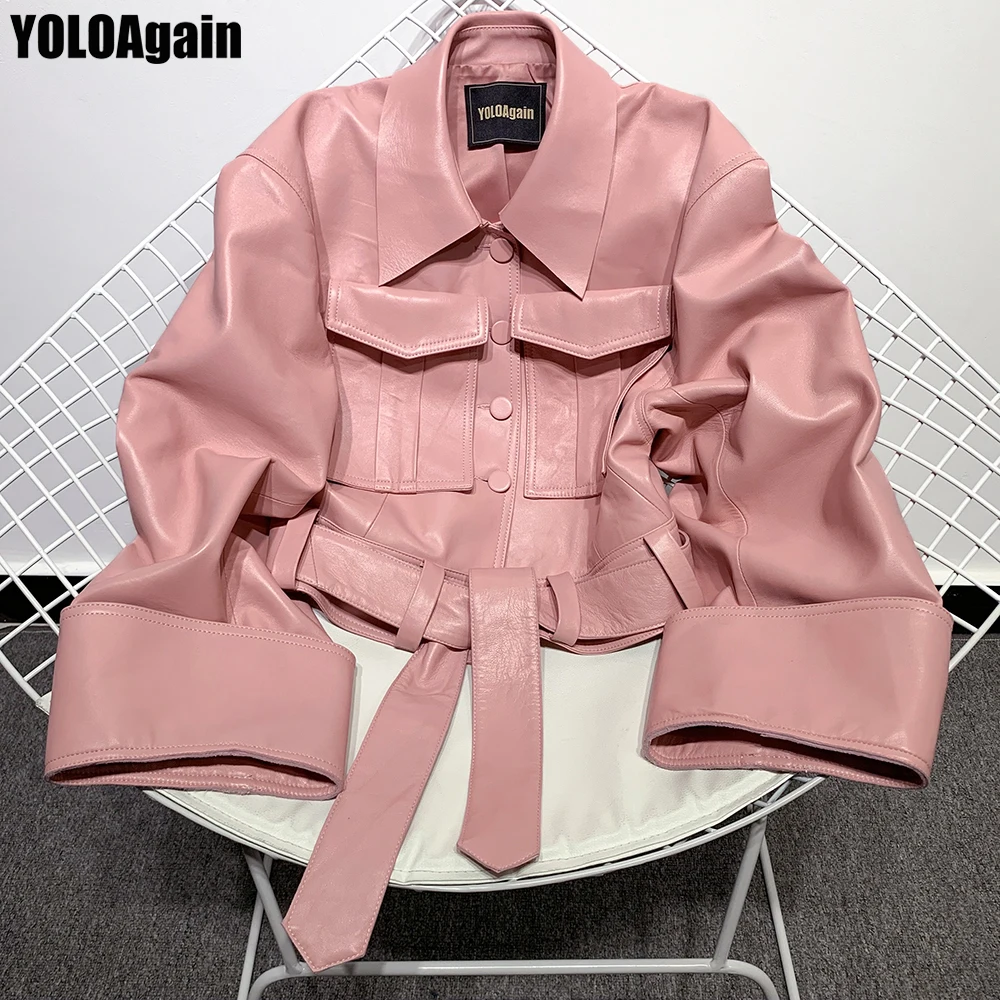 

YOLOAgain women genuine leather jacket ladies lapel long sleeve single breasted pink real leather jacket