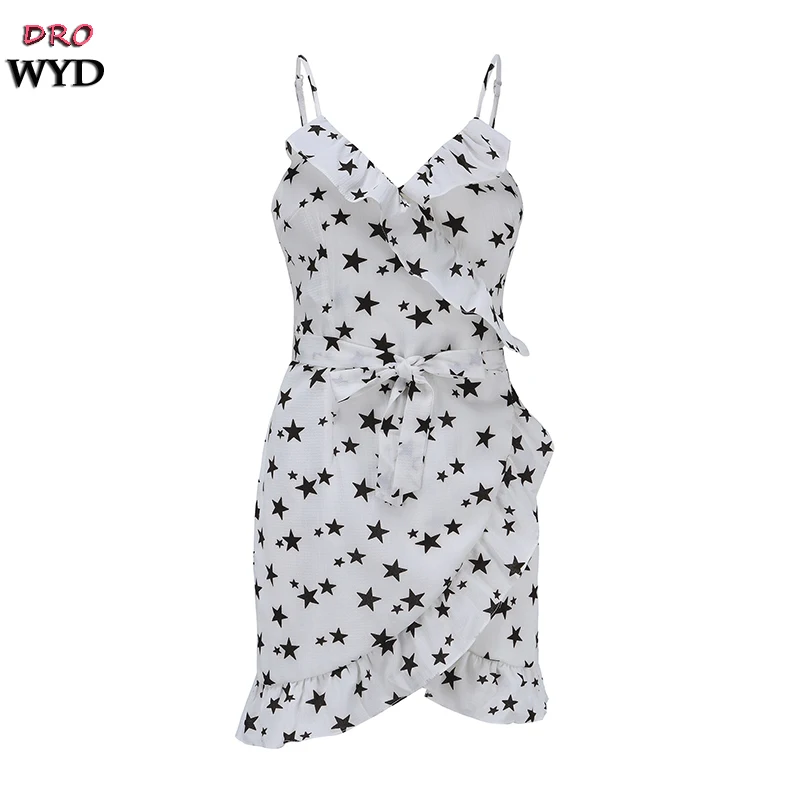 Summer Sexy Mini Strap Dress 2019 Women's Casual Boho Beach Print Backless Ruffled Dress Fashion Sexy Club Party Dress Vestidos