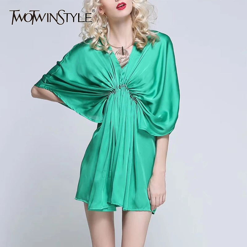 

TWOTWINSTYLE Elegant Solid Satin Dress For Women V Neck Batwing Sleeve High Waist Ruched Mini Dresses Female 2019 Summer New