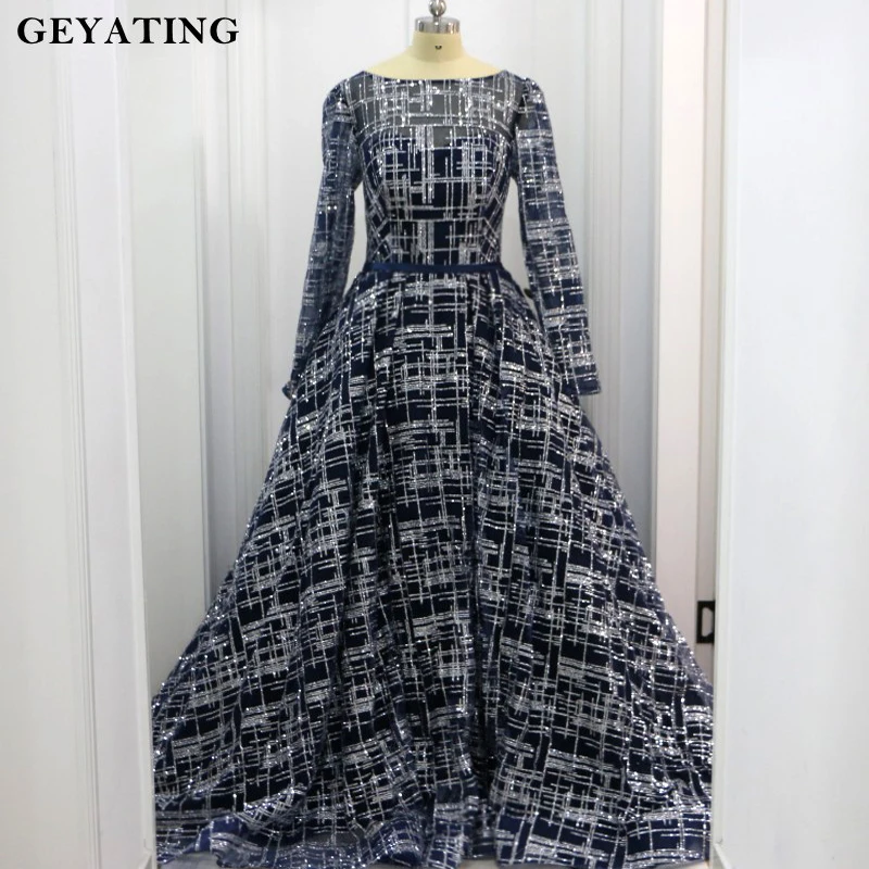 Glitter Sequins Navy Blue Muslim Evening Dress Long Sleeves Boat Neck Backless Sparkly Arabic Prom Dresses in Dubai Kaftan 2019 Glitter Sequins Navy Blue Muslim Evening Dress Long Sleeves Boat Neck Backless Sparkly Arabic Prom Dresses in Dubai Kaftan 2019