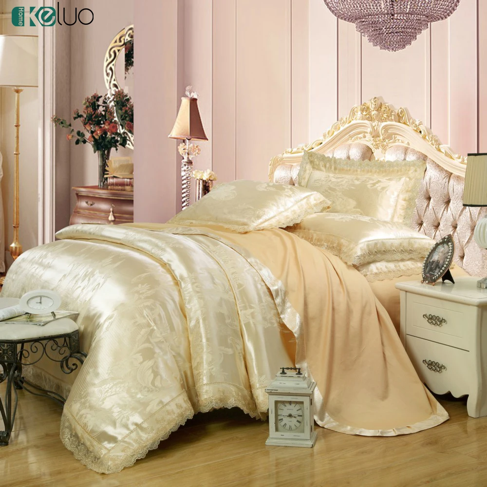 

KELUO Wedding Beige Luxury Bedding Set Jacquard luxury Queen/king size Stain Bed set 4pcs Cotton Silk lace Duvet cover