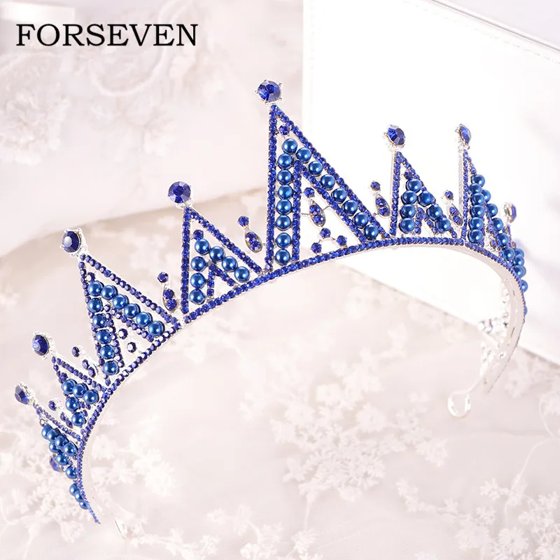 

Blue Crystal and Pearl Tiaras Wedding Crown For Bride Headpieces Rhinestone Queen Diadem Bride Tiaras Crown Headband Princess