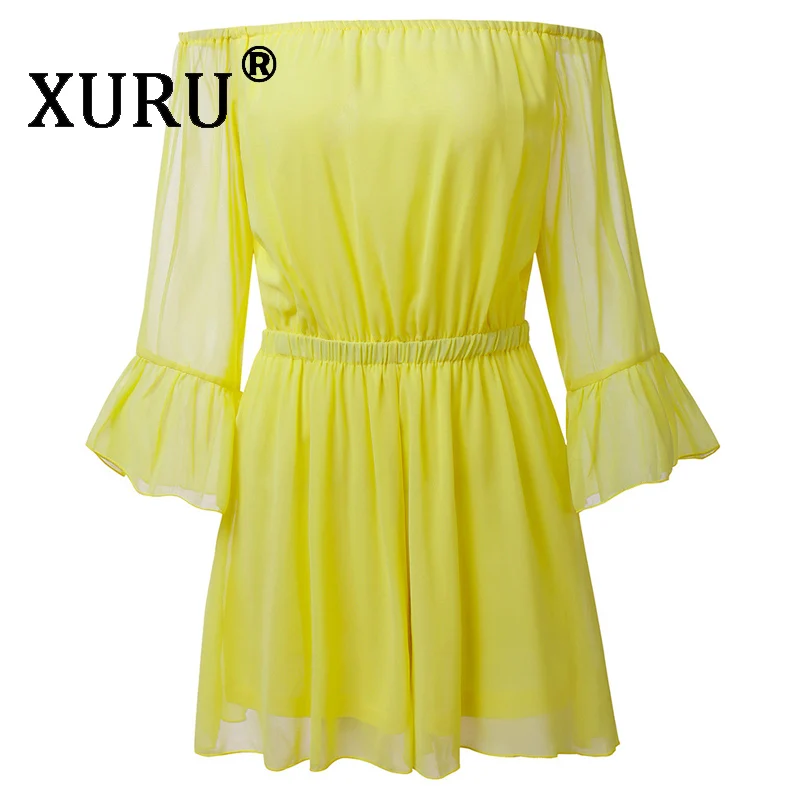 XURU new hot women's 2019 summer jumpsuit solid color word shoulder wrapped chest lotus leaf sleeves waist shorts jumpsuit
