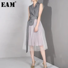 [EAM] 2019 nuevo Primavera Verano solapa sin mangas gris Straped malla Split Joint vestido de temperamento suelto mujeres moda marea LD6270(China)