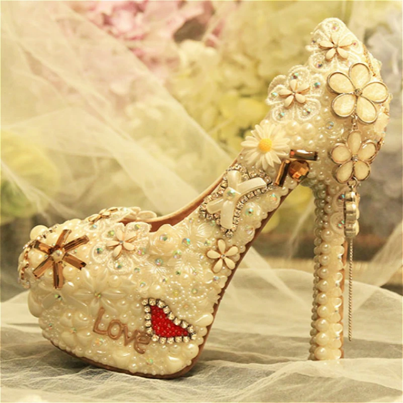 Womens Wedding Pearl Tassel Flower Shoes Appliques Pumps Round Toe Sexy