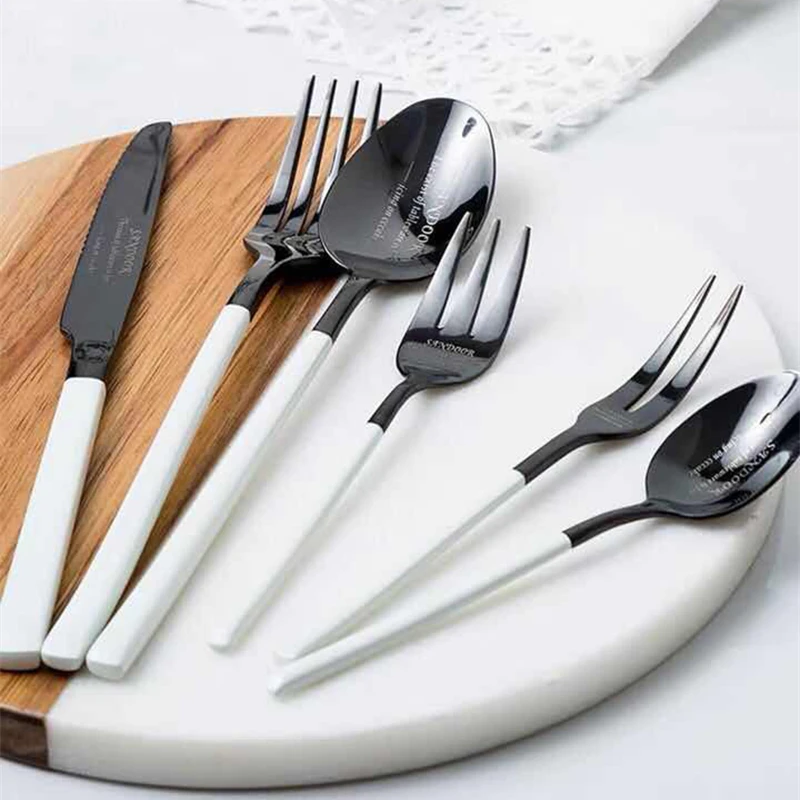 

Simple Style Flatware Set Main Fork Steak Knife Soup Scoop Coffee Scoops Fruit Dessert Forks Black And White Dinner Cutlery Set
